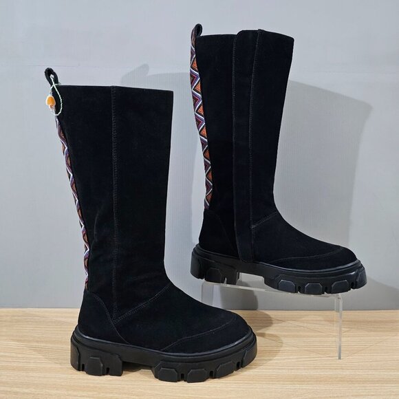 NEW Farm Rio Long Suede Combat Boot Black Vegan Leather Platform Boho Size 8 - Picture 3 of 14